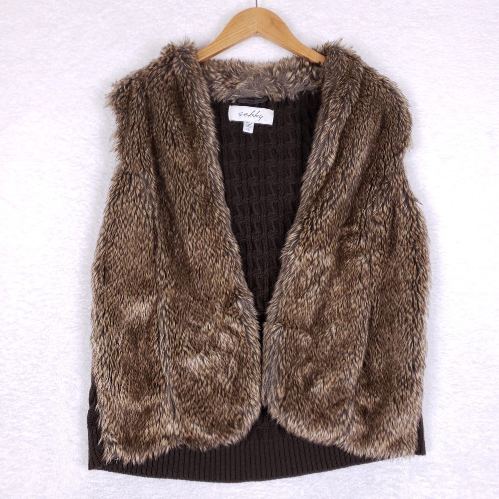 Sebby Faux Fur Vest Large Cable Knit Back Brown Bohemian Shag Glam